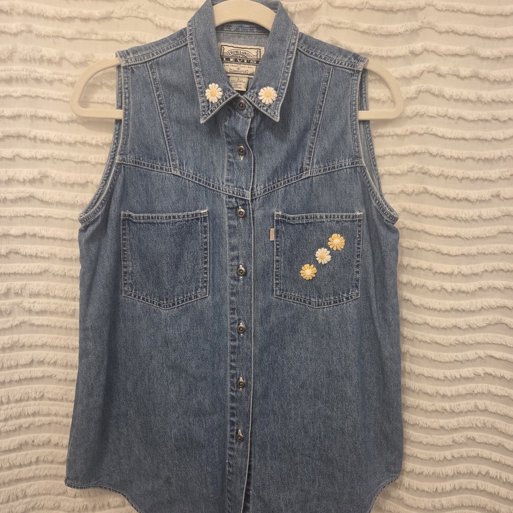 Vintage Levi's Denim‎ Sleeveless Button Up Tunic Womens Large Daisy 100% Cotton